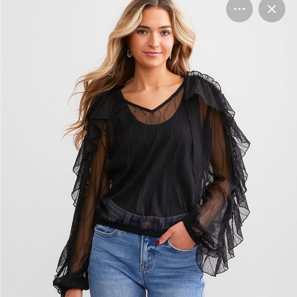 Buckle Black Sheer Ruffle Blouse